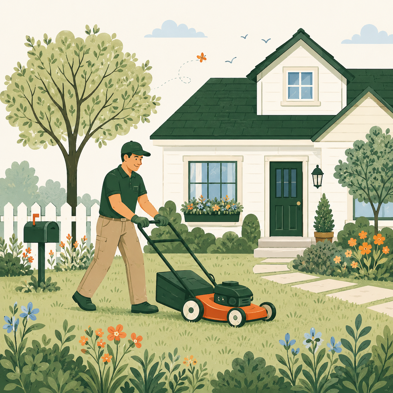 HomeCru crew member mowing a lawn in an Ottawa neighbourhood
